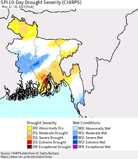 Bangladesh SPI 10-Day Drought Severity (CHIRPS) Thematic Map For 5/11/2023 - 5/20/2023