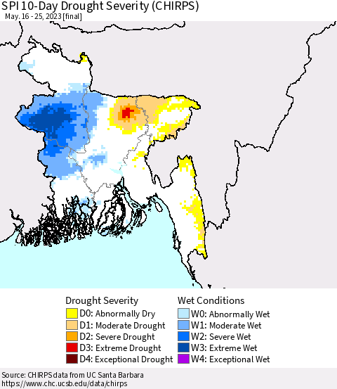 Bangladesh SPI 10-Day Drought Severity (CHIRPS) Thematic Map For 5/16/2023 - 5/25/2023