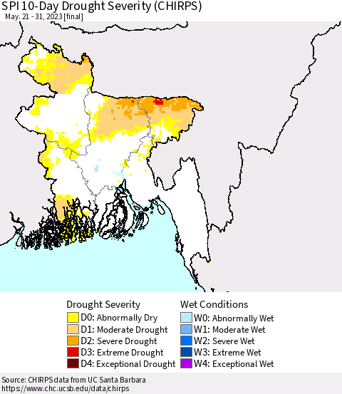 Bangladesh SPI 10-Day Drought Severity (CHIRPS) Thematic Map For 5/21/2023 - 5/31/2023