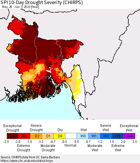 Bangladesh SPI 10-Day Drought Severity (CHIRPS) Thematic Map For 5/26/2023 - 6/5/2023