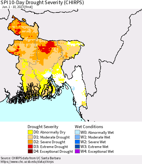 Bangladesh SPI 10-Day Drought Severity (CHIRPS) Thematic Map For 6/1/2023 - 6/10/2023