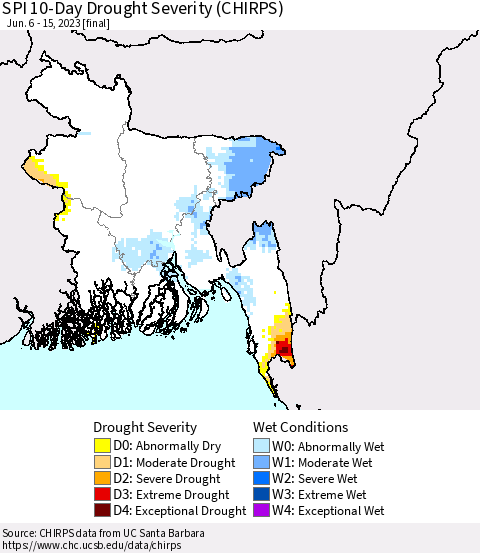 Bangladesh SPI 10-Day Drought Severity (CHIRPS) Thematic Map For 6/6/2023 - 6/15/2023