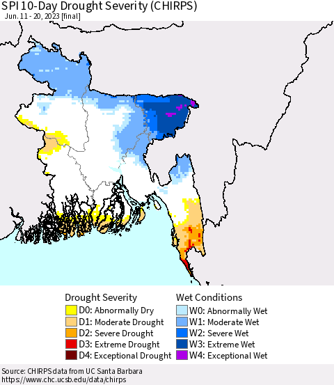 Bangladesh SPI 10-Day Drought Severity (CHIRPS) Thematic Map For 6/11/2023 - 6/20/2023