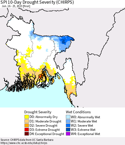 Bangladesh SPI 10-Day Drought Severity (CHIRPS) Thematic Map For 6/16/2023 - 6/25/2023