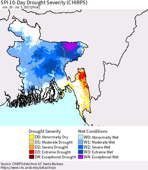 Bangladesh SPI 10-Day Drought Severity (CHIRPS) Thematic Map For 6/26/2023 - 7/5/2023
