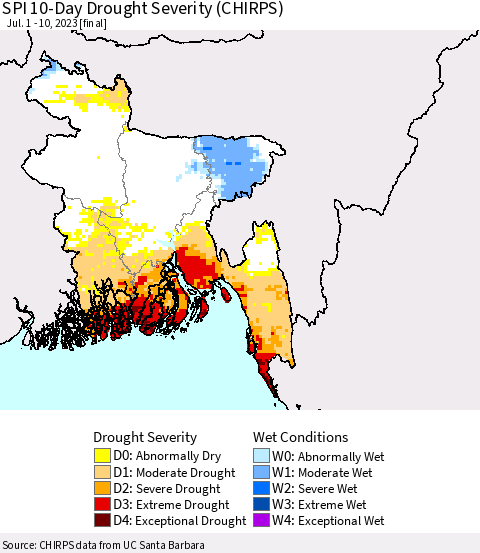Bangladesh SPI 10-Day Drought Severity (CHIRPS) Thematic Map For 7/1/2023 - 7/10/2023