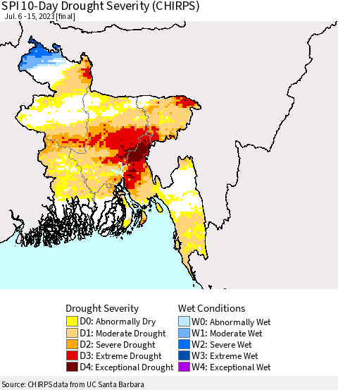 Bangladesh SPI 10-Day Drought Severity (CHIRPS) Thematic Map For 7/6/2023 - 7/15/2023