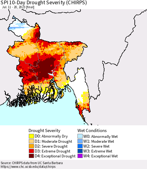 Bangladesh SPI 10-Day Drought Severity (CHIRPS) Thematic Map For 7/11/2023 - 7/20/2023