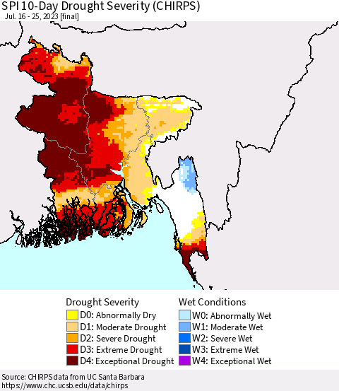 Bangladesh SPI 10-Day Drought Severity (CHIRPS) Thematic Map For 7/16/2023 - 7/25/2023