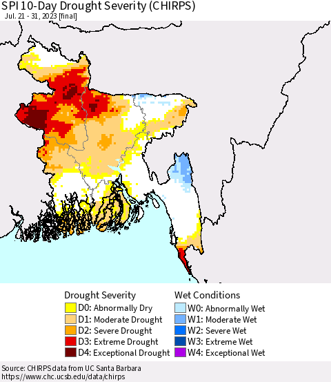 Bangladesh SPI 10-Day Drought Severity (CHIRPS) Thematic Map For 7/21/2023 - 7/31/2023
