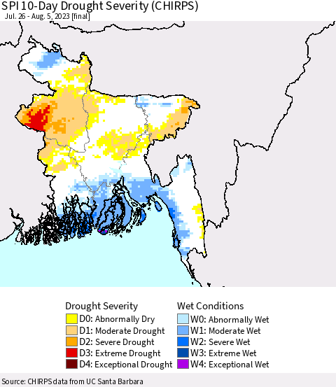 Bangladesh SPI 10-Day Drought Severity (CHIRPS) Thematic Map For 7/26/2023 - 8/5/2023