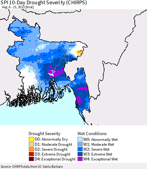 Bangladesh SPI 10-Day Drought Severity (CHIRPS) Thematic Map For 8/6/2023 - 8/15/2023