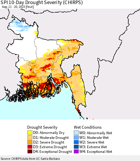 Bangladesh SPI 10-Day Drought Severity (CHIRPS) Thematic Map For 8/11/2023 - 8/20/2023