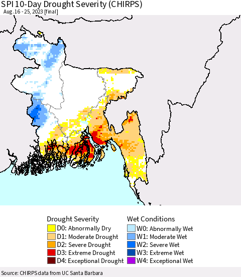 Bangladesh SPI 10-Day Drought Severity (CHIRPS) Thematic Map For 8/16/2023 - 8/25/2023