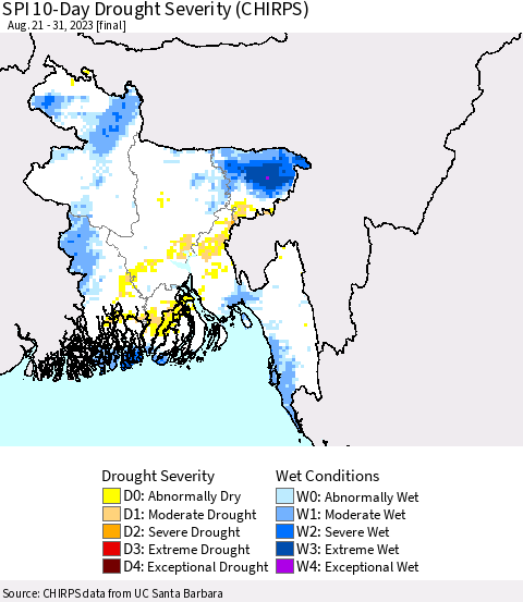 Bangladesh SPI 10-Day Drought Severity (CHIRPS) Thematic Map For 8/21/2023 - 8/31/2023