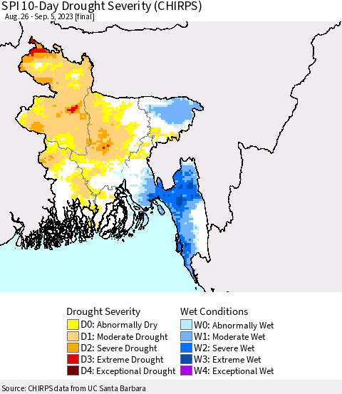 Bangladesh SPI 10-Day Drought Severity (CHIRPS) Thematic Map For 8/26/2023 - 9/5/2023