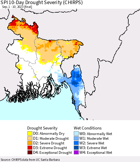 Bangladesh SPI 10-Day Drought Severity (CHIRPS) Thematic Map For 9/1/2023 - 9/10/2023