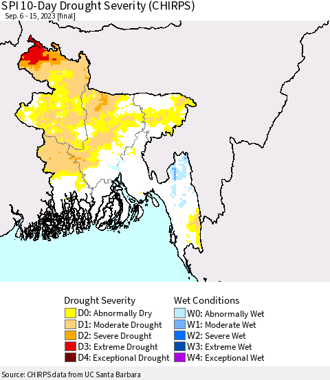 Bangladesh SPI 10-Day Drought Severity (CHIRPS) Thematic Map For 9/6/2023 - 9/15/2023
