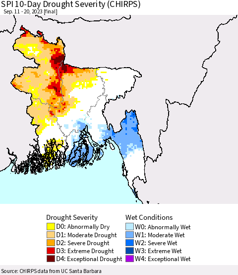 Bangladesh SPI 10-Day Drought Severity (CHIRPS) Thematic Map For 9/11/2023 - 9/20/2023