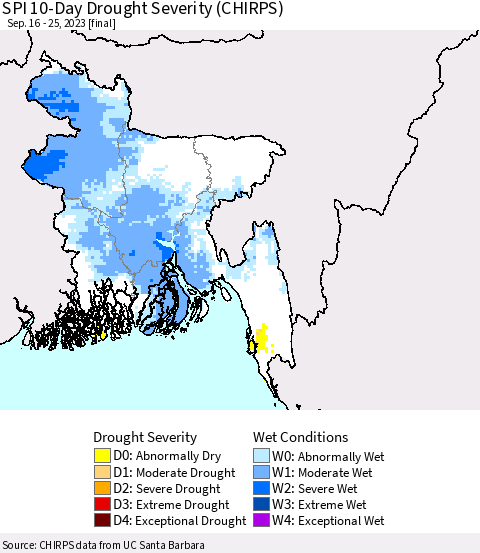 Bangladesh SPI 10-Day Drought Severity (CHIRPS) Thematic Map For 9/16/2023 - 9/25/2023