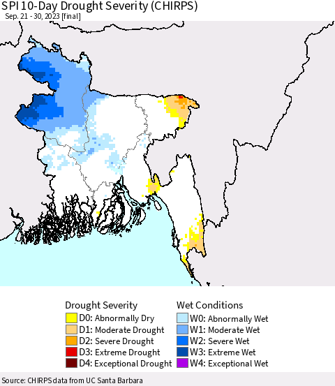 Bangladesh SPI 10-Day Drought Severity (CHIRPS) Thematic Map For 9/21/2023 - 9/30/2023