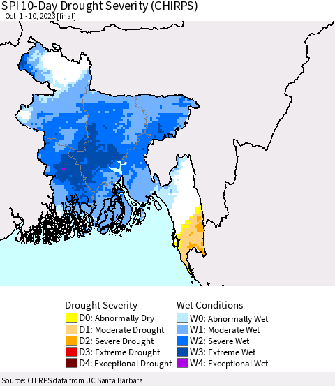 Bangladesh SPI 10-Day Drought Severity (CHIRPS) Thematic Map For 10/1/2023 - 10/10/2023