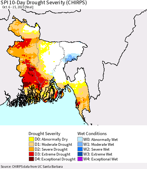 Bangladesh SPI 10-Day Drought Severity (CHIRPS) Thematic Map For 10/6/2023 - 10/15/2023
