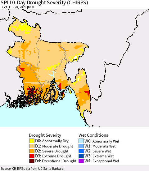 Bangladesh SPI 10-Day Drought Severity (CHIRPS) Thematic Map For 10/11/2023 - 10/20/2023