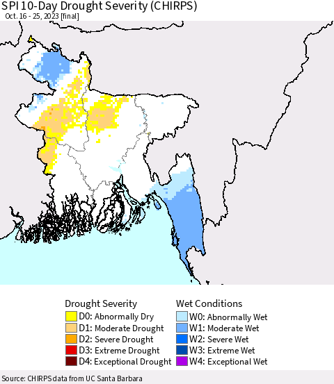 Bangladesh SPI 10-Day Drought Severity (CHIRPS) Thematic Map For 10/16/2023 - 10/25/2023