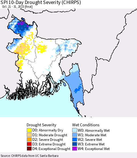 Bangladesh SPI 10-Day Drought Severity (CHIRPS) Thematic Map For 10/21/2023 - 10/31/2023