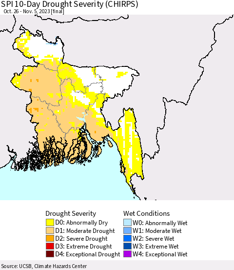 Bangladesh SPI 10-Day Drought Severity (CHIRPS) Thematic Map For 10/26/2023 - 11/5/2023