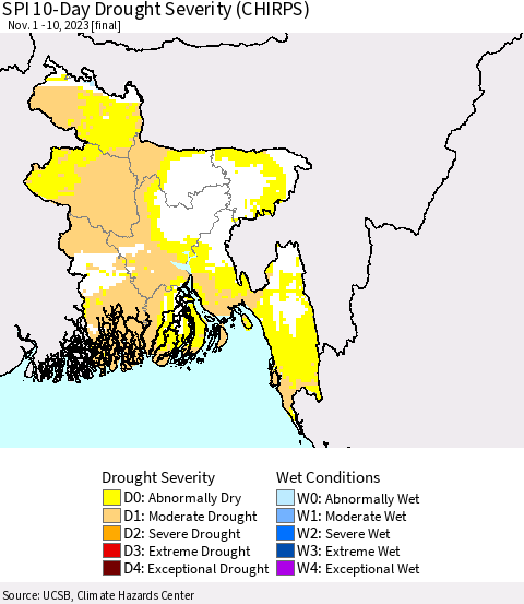 Bangladesh SPI 10-Day Drought Severity (CHIRPS) Thematic Map For 11/1/2023 - 11/10/2023