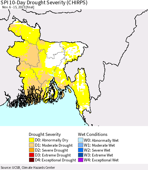 Bangladesh SPI 10-Day Drought Severity (CHIRPS) Thematic Map For 11/6/2023 - 11/15/2023