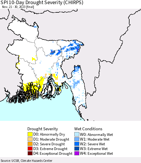 Bangladesh SPI 10-Day Drought Severity (CHIRPS) Thematic Map For 11/21/2023 - 11/30/2023
