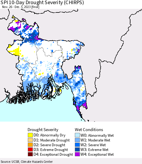 Bangladesh SPI 10-Day Drought Severity (CHIRPS) Thematic Map For 11/26/2023 - 12/5/2023