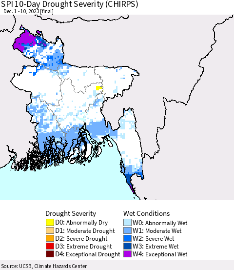 Bangladesh SPI 10-Day Drought Severity (CHIRPS) Thematic Map For 12/1/2023 - 12/10/2023