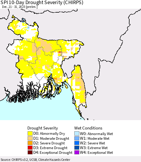 Bangladesh SPI 10-Day Drought Severity (CHIRPS) Thematic Map For 12/21/2023 - 12/31/2023