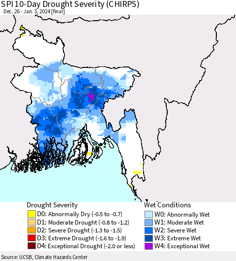 Bangladesh SPI 10-Day Drought Severity (CHIRPS) Thematic Map For 12/26/2023 - 1/5/2024
