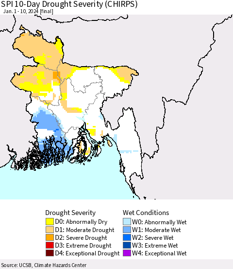 Bangladesh SPI 10-Day Drought Severity (CHIRPS) Thematic Map For 1/1/2024 - 1/10/2024