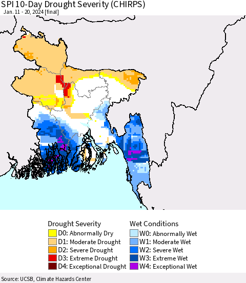 Bangladesh SPI 10-Day Drought Severity (CHIRPS) Thematic Map For 1/11/2024 - 1/20/2024