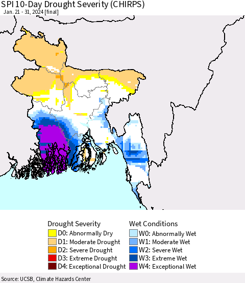 Bangladesh SPI 10-Day Drought Severity (CHIRPS) Thematic Map For 1/21/2024 - 1/31/2024