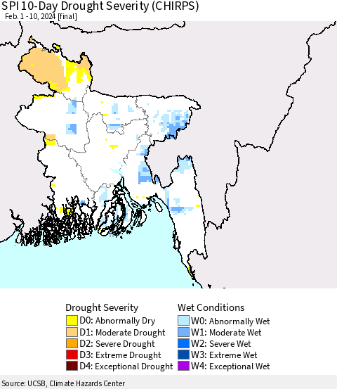 Bangladesh SPI 10-Day Drought Severity (CHIRPS) Thematic Map For 2/1/2024 - 2/10/2024