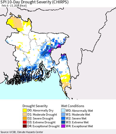 Bangladesh SPI 10-Day Drought Severity (CHIRPS) Thematic Map For 2/6/2024 - 2/15/2024