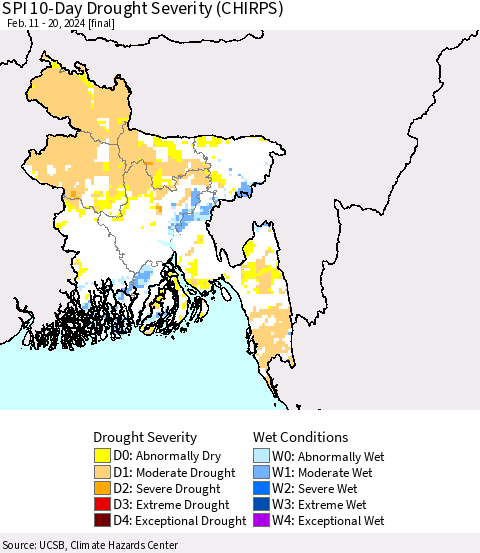 Bangladesh SPI 10-Day Drought Severity (CHIRPS) Thematic Map For 2/11/2024 - 2/20/2024