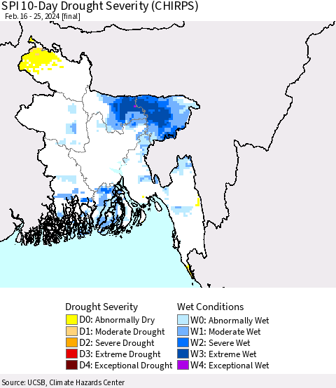 Bangladesh SPI 10-Day Drought Severity (CHIRPS) Thematic Map For 2/16/2024 - 2/25/2024