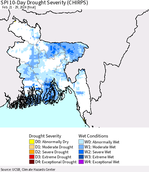 Bangladesh SPI 10-Day Drought Severity (CHIRPS) Thematic Map For 2/21/2024 - 2/29/2024