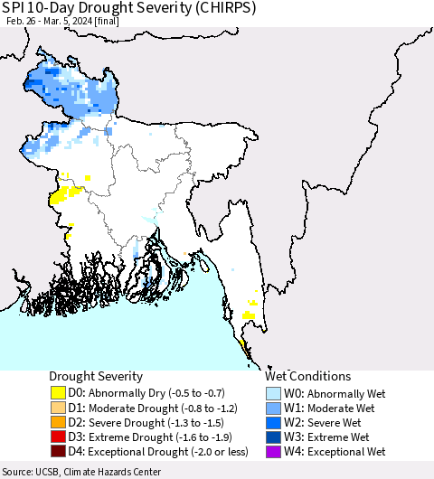 Bangladesh SPI 10-Day Drought Severity (CHIRPS) Thematic Map For 2/26/2024 - 3/5/2024