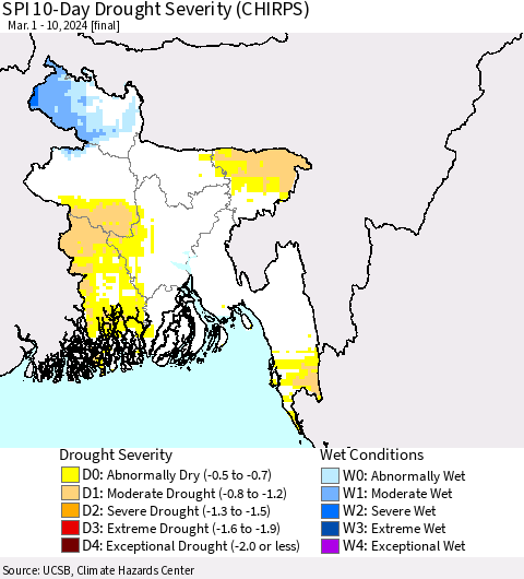 Bangladesh SPI 10-Day Drought Severity (CHIRPS) Thematic Map For 3/1/2024 - 3/10/2024