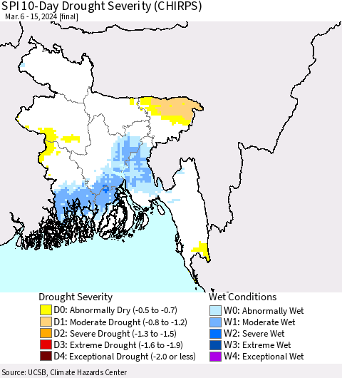 Bangladesh SPI 10-Day Drought Severity (CHIRPS) Thematic Map For 3/6/2024 - 3/15/2024