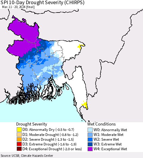Bangladesh SPI 10-Day Drought Severity (CHIRPS) Thematic Map For 3/11/2024 - 3/20/2024